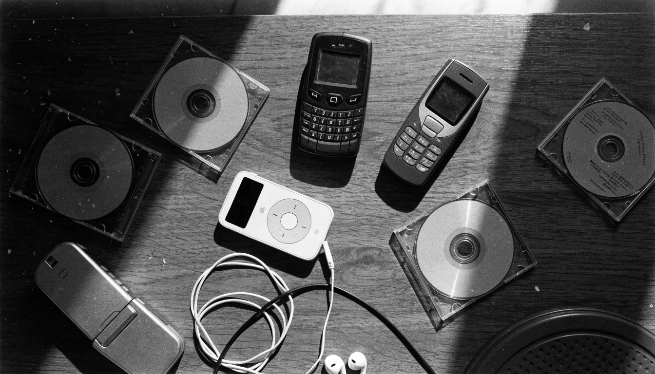 Mid-2000s tech laid out on a table: a Nokia, a BlackBerry-style phone, an iPod, a flip phone and CDs