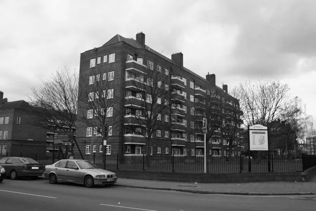 A housing estate in Hackney, East London, in black and white
